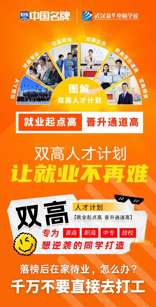 双高人才计划让就业不再难武汉新华电脑学校在职业教育与普通教育同等重要的时代背景下，不同成长轨迹的青年群体正面临各自的发展困境：普高生被高考压力裹挟，成绩中等者陷 “冲本无望、落榜迷茫”，职业方向模糊且缺实用技能；中专生有基础技能但学 历成就业 “天花板”，技能不精、专业与市场脱节，提升路径不清；职高生部